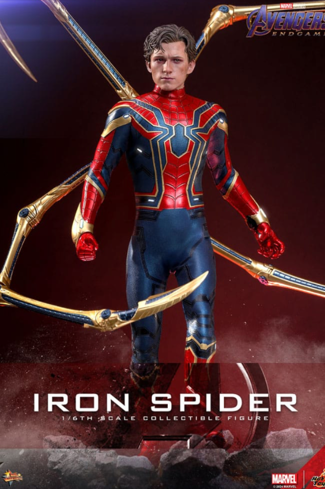 Figura Iron Spider posando con patas mecánicas extendidas en acción – Hot Toys Avengers: Endgame