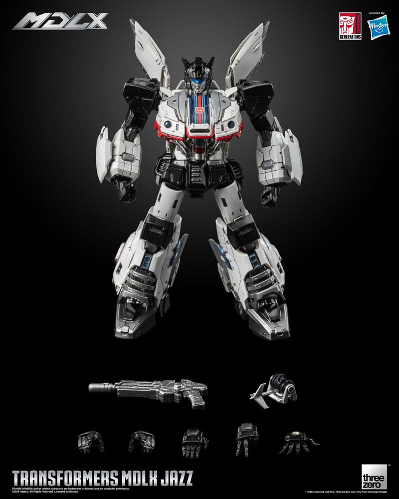 Primer plano de Jazz MDLX con pose dinámica y rifle – Figura Transformers Threezero