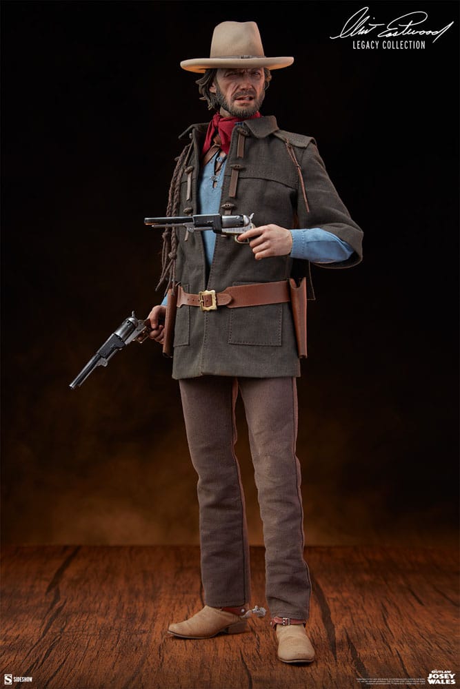 Figura de Josey Wales con abrigo marrón y revólver, escala 1/6.