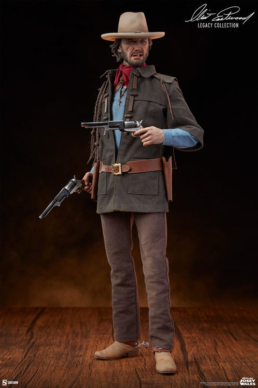 Figura de Josey Wales con abrigo marrón y revólver, escala 1/6.