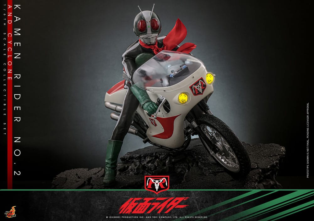 Figura Kamen Rider Nº2 con moto Cyclone Hot Toys, tres estilos de cinturón Henshin incluidos.