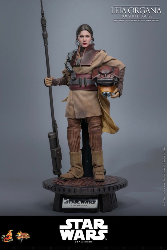 Figura Leia Organa Boushh Disguise Hot Toys 1/6 vista frontal con base y accesorios