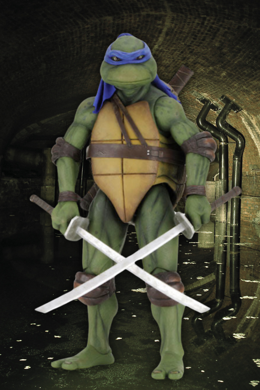 Figura Leonardo Tortugas Ninja de NECA a escala 1/4 con katanas – vista frontal.
