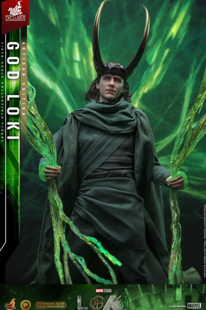 Figura God Loki Artisan Edition Hot Toys 1/6 vista frontal con efectos verdes
