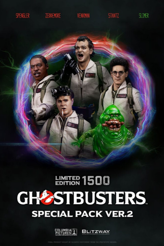 Pack de 4 figuras Ghostbusters Blitzway 1/6 Ver. 2 – Peter, Ray, Egon y Winston con fondo frontal.