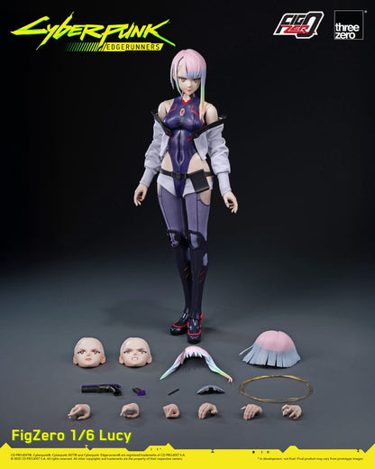 Vista completa de la figura articulada Lucy de Cyberpunk con accesorios, rostros y cabello extra.
