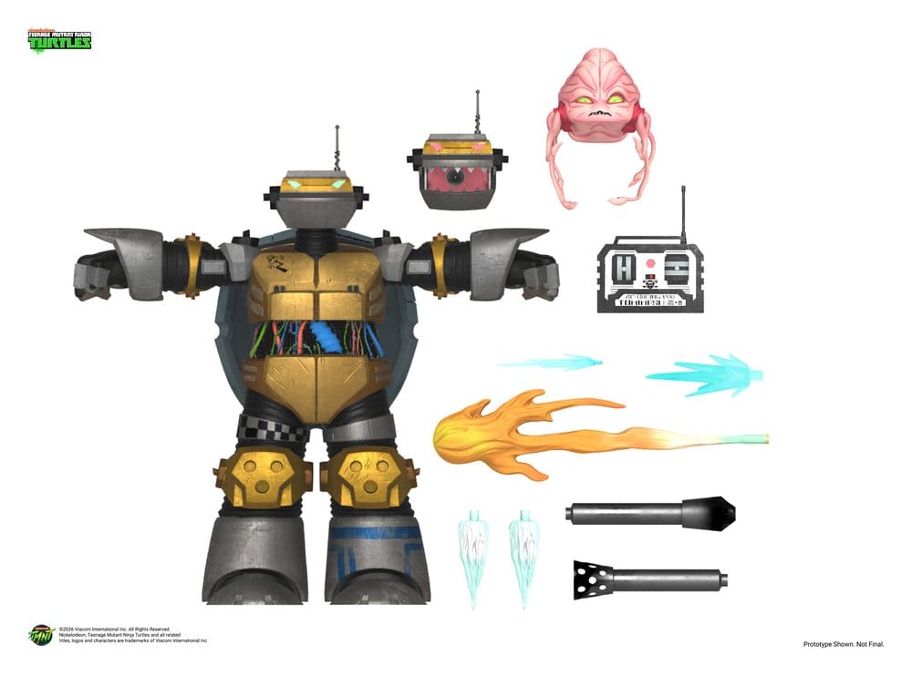Accesorios incluidos con la figura Metalhead Ultimate NECA TMNT 2012 con Kraang, bláster y efectos de llama