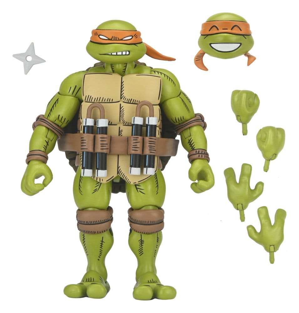 Figura Ultimate Michelangelo TMNT NECA con cabezas y manos intercambiables