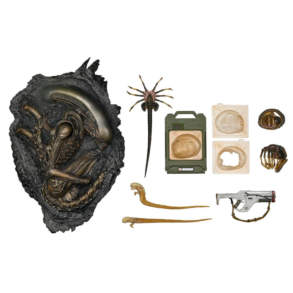Contenido detallado del pack Alien Romulus NECA con criaturas y rifle.