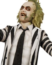 Primer plano de la figura Beetlejuice NECA – expresión clásica y esculpido detallado.