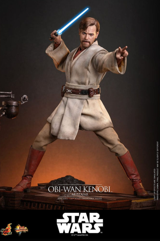 Figura Obi-Wan Kenobi Mustafar Hot Toys Star Wars escala 1/6 con sable LED.