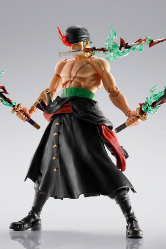 Roronoa Zoro King of Hell S.H.Figuarts Tamashii Nations figura articulada 15 cm posando con espadas.