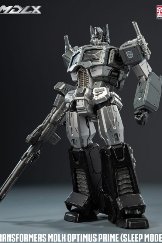 Figura Optimus Prime Sleep Mode de 18 cm de la línea MDLX de Threezero con diseño gris metálico.
