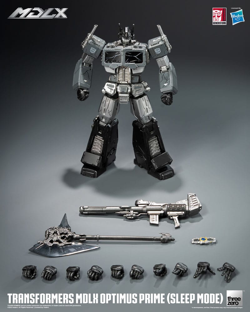 Vista frontal completa de la figura articulada Sleep Mode Optimus Prime con rifle y detalles de batalla.