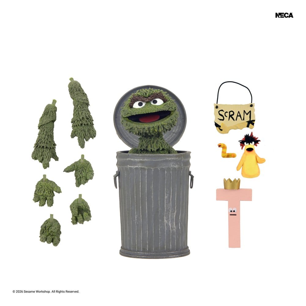 Figura Oscar the Grouch Ultimate NECA con Slimey, Rubber Duckie y accesorios