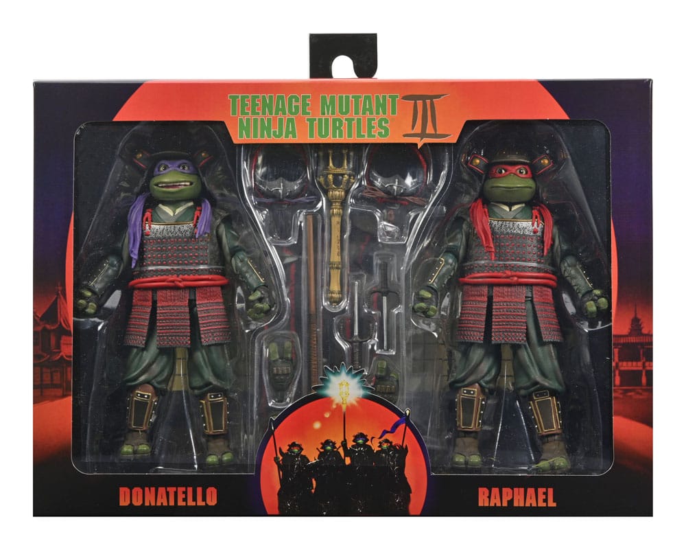 Vista del pack completo en su caja de arte con ventana pack donatello raphael tmnt iii neca figuras 18cm.