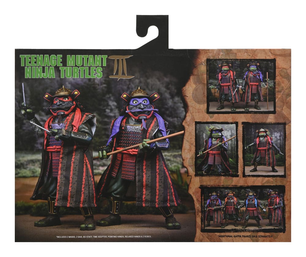 Vista trasera del pack en su caja de arte con ventana pack donatello raphael tmnt iii neca figuras 18cm.

