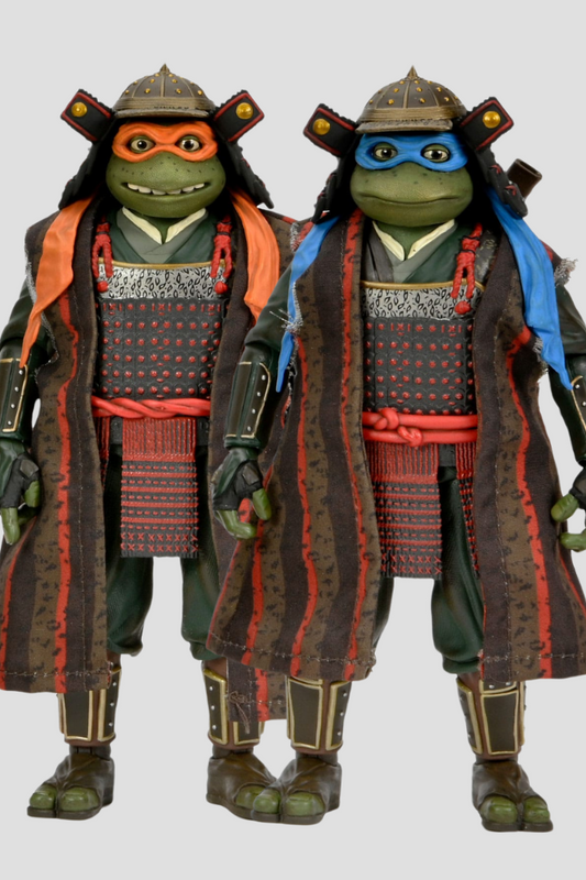 Figuras completas de Leonardo y Michelangelo con trajes samurái pack leonardo michelangelo tmnt iii neca figuras 18cm.