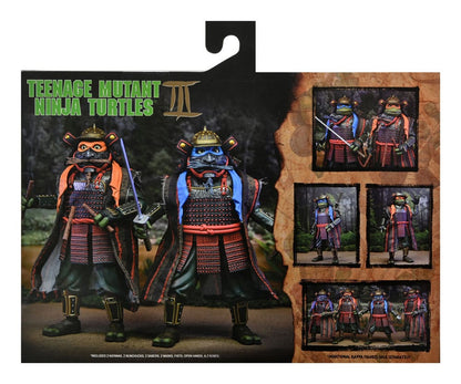 Vista trasera del pack en su caja de arte con ventana pack leonardo michelangelo tmnt iii neca figuras 18cm.