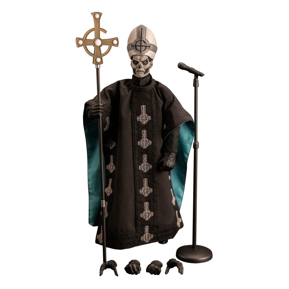Detalle de figura Ghost Papa Emeritus II con mitra, bastón y manos intercambiables
