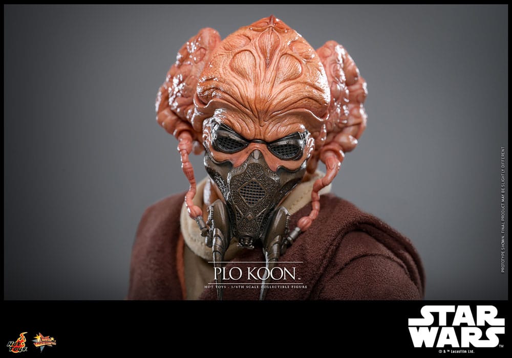 Detalle del rostro de Plo Koon con máscara y acabados realistas de Hot Toys.