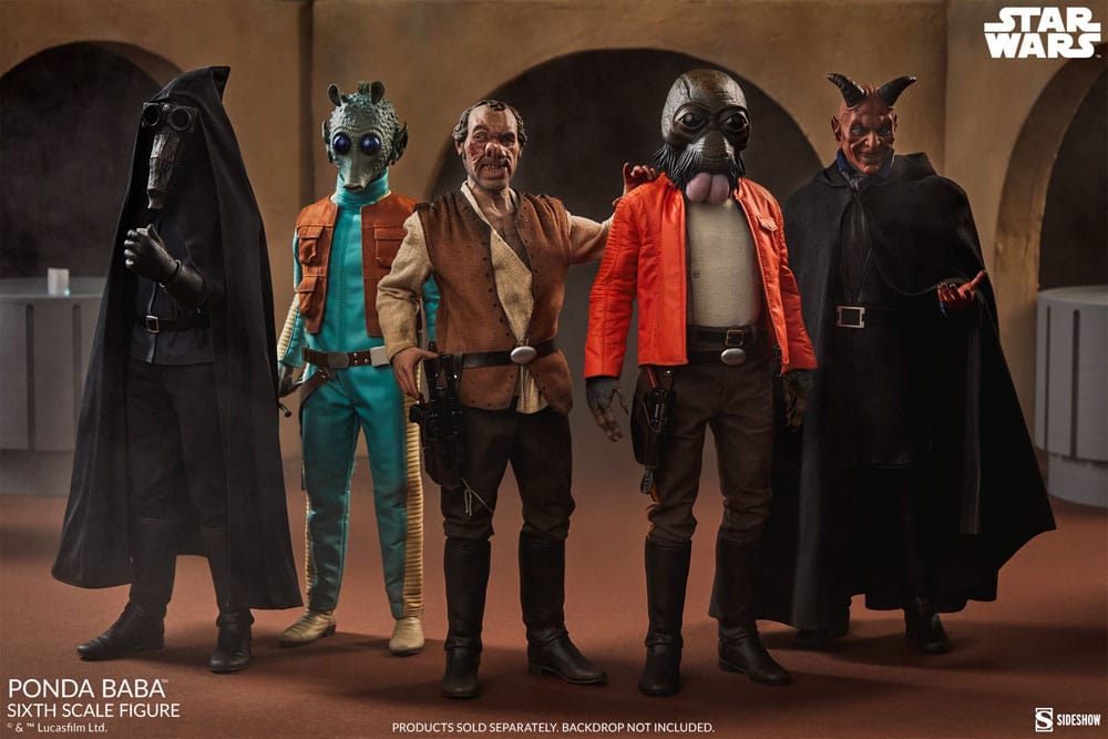 Ponda Baba en escena de la cantina Mos Eisley junto a otras figuras – colección Star Wars Sideshow.