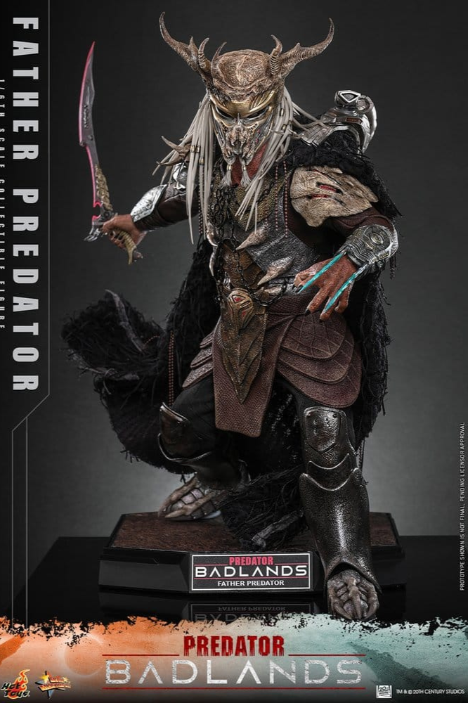 Figura Predator Badlands Hot Toys Movie Masterpiece 1/6 de 36 cm con armadura tribal y base expositora