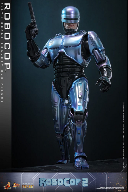 RoboCop 2 figura Hot Toys escala 1/6 con armadura metálica y pistola diecast.