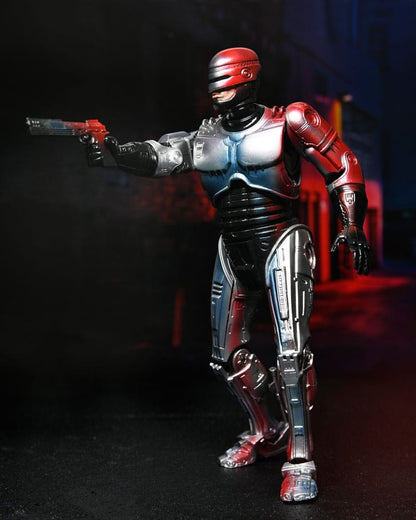 Figura articulada de Robocop con pose de acción y accesorios de NECA
