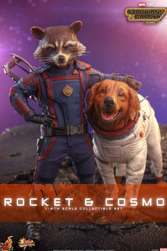 Figuras de Rocket y Cosmo de Hot Toys en pose frontal sobre fondo morado.