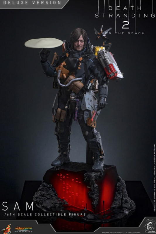 Figura Sam Death Stranding 2 Deluxe de Hot Toys vista frontal con base iluminada.