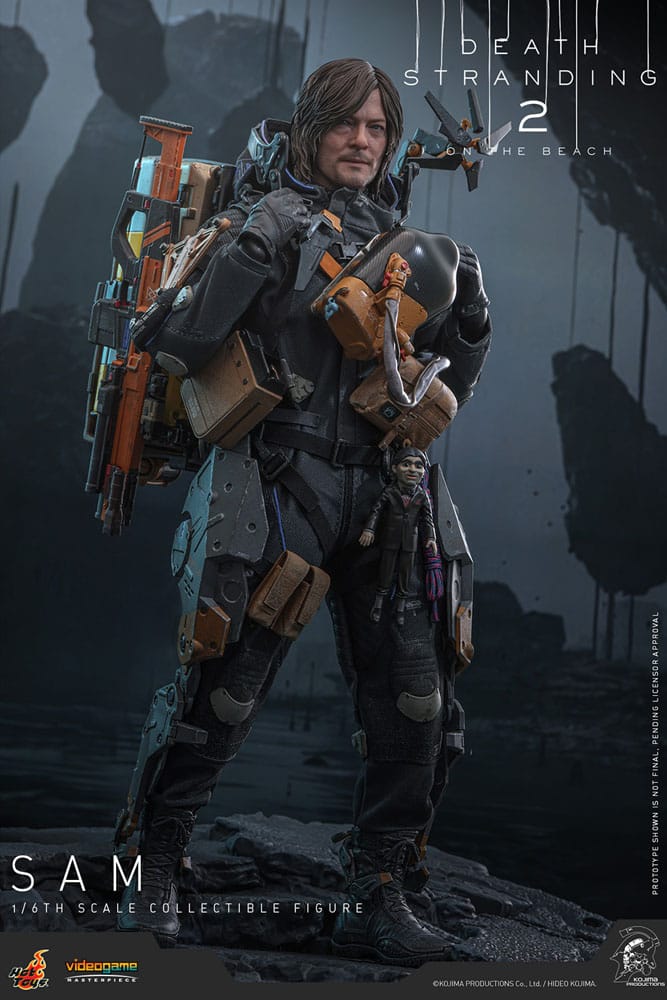 Figura de Sam con mochila de carga y accesorios del videojuego Death Stranding 2 recreados por Hot Toys en escala 1/6.

