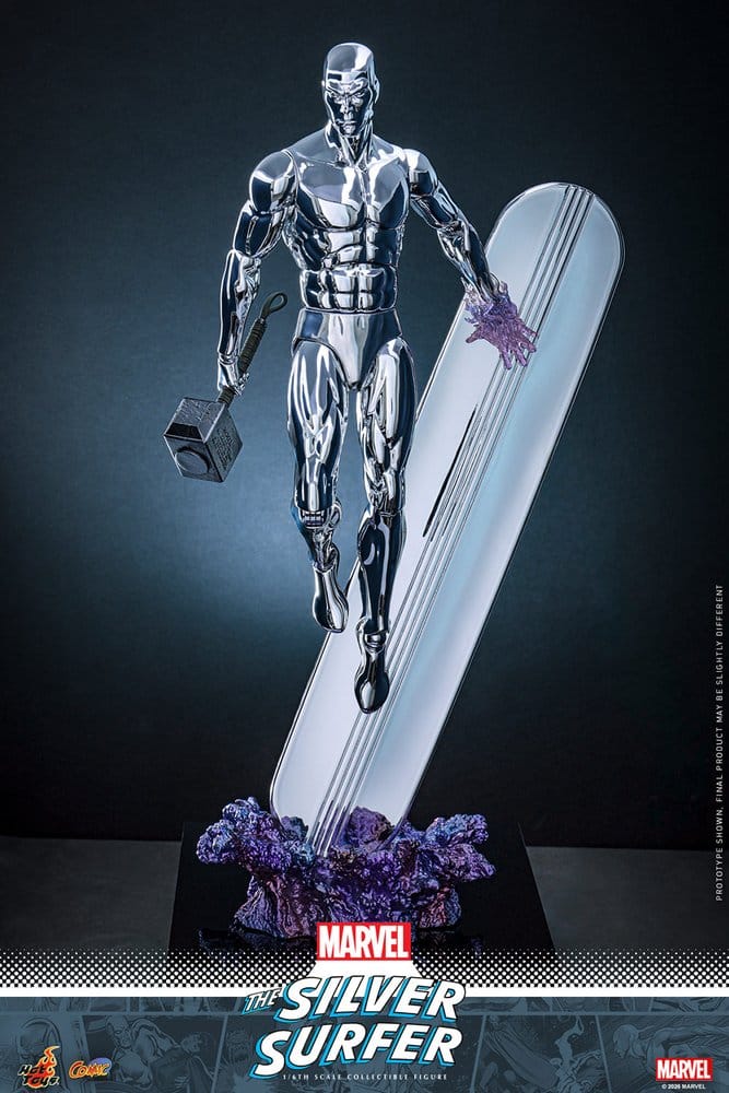 silver surfer figura con tabla de surf y efectos energia manos intercambiables hot toys