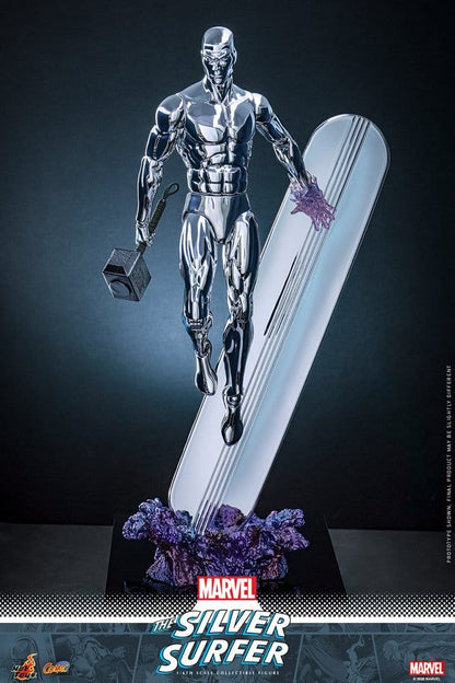 silver surfer figura con tabla de surf y efectos energia manos intercambiables hot toys