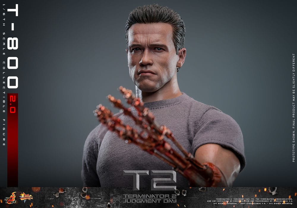 Primer plano de la cabeza intercambiable dañada del T-800 Hot Toys