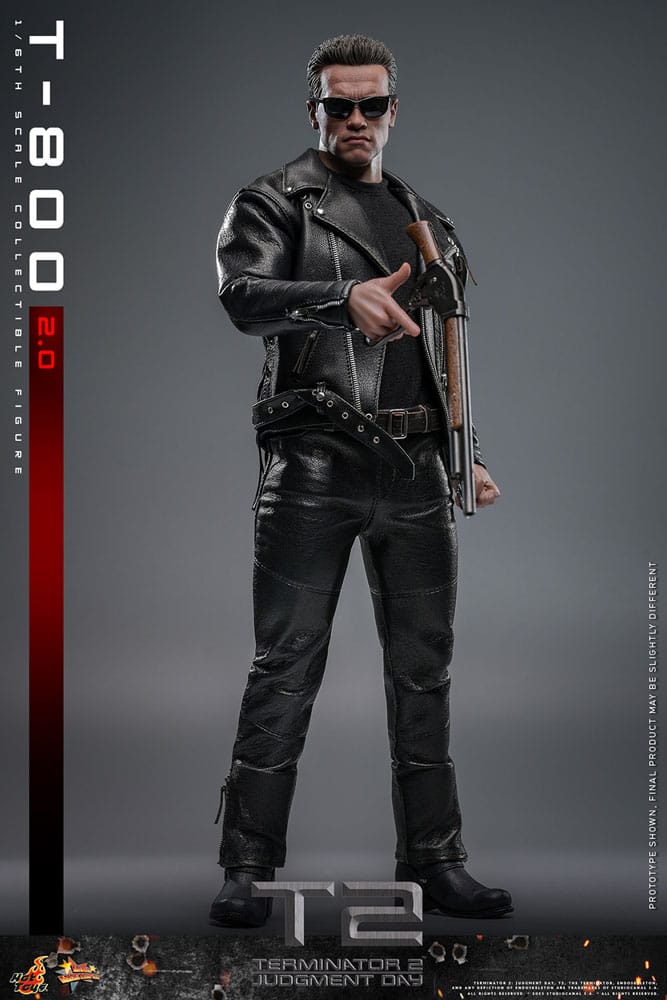 Figura T-800 Hot Toys Battle 2.0 con gafas y escopeta – vista frontal