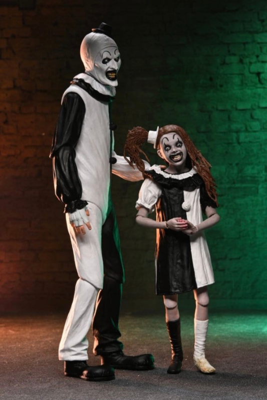 Pack figuras Terrifier 2 NECA Art the Clown y Little Pale Girl 18 cm