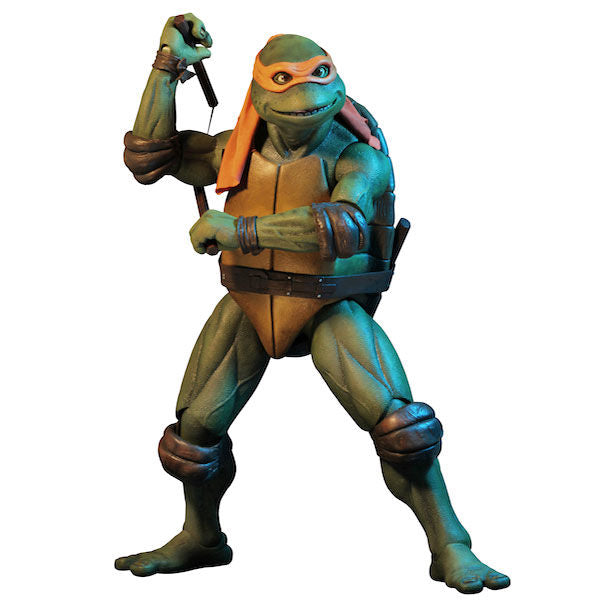 Figura coleccionista de Michelangelo 42 cm con antifaz naranja y postura dinámica.