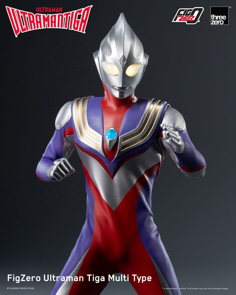 Primer plano del rostro de Ultraman Tiga con acabado metálico brillante y detalles de alta gama.
