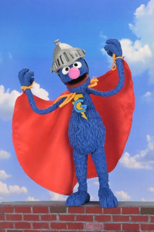 Figura Super Grover Barrio Sésamo Ultimate 18 cm de NECA posando con capa roja