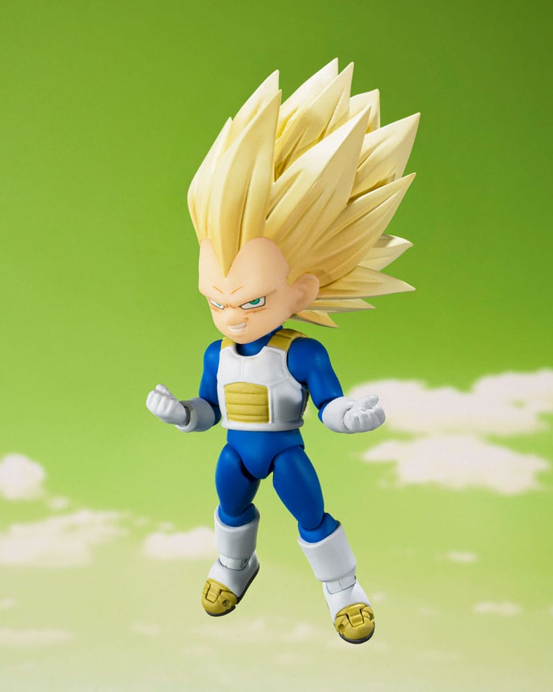 Vegeta Super Saiyan 3 mini articulado sobre fondo de nubes – Dragon Ball Daima