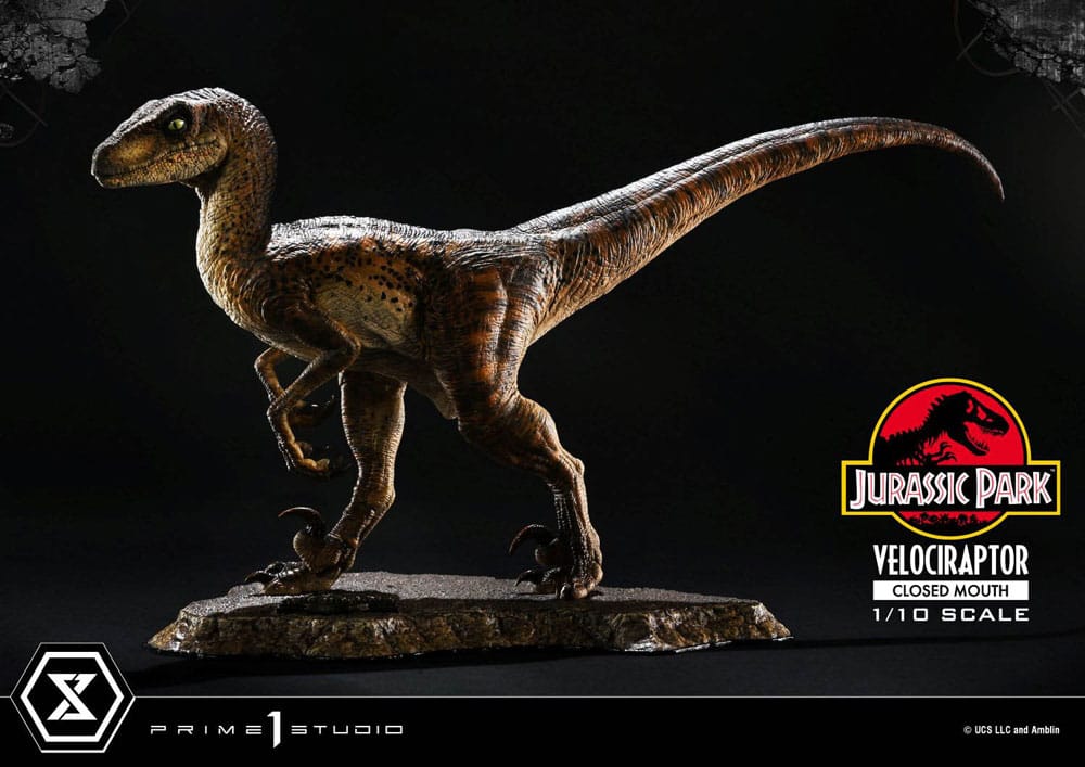 Estatua del Velociraptor boca cerrada de Jurassic Park Prime 1 Studio vista frontal.