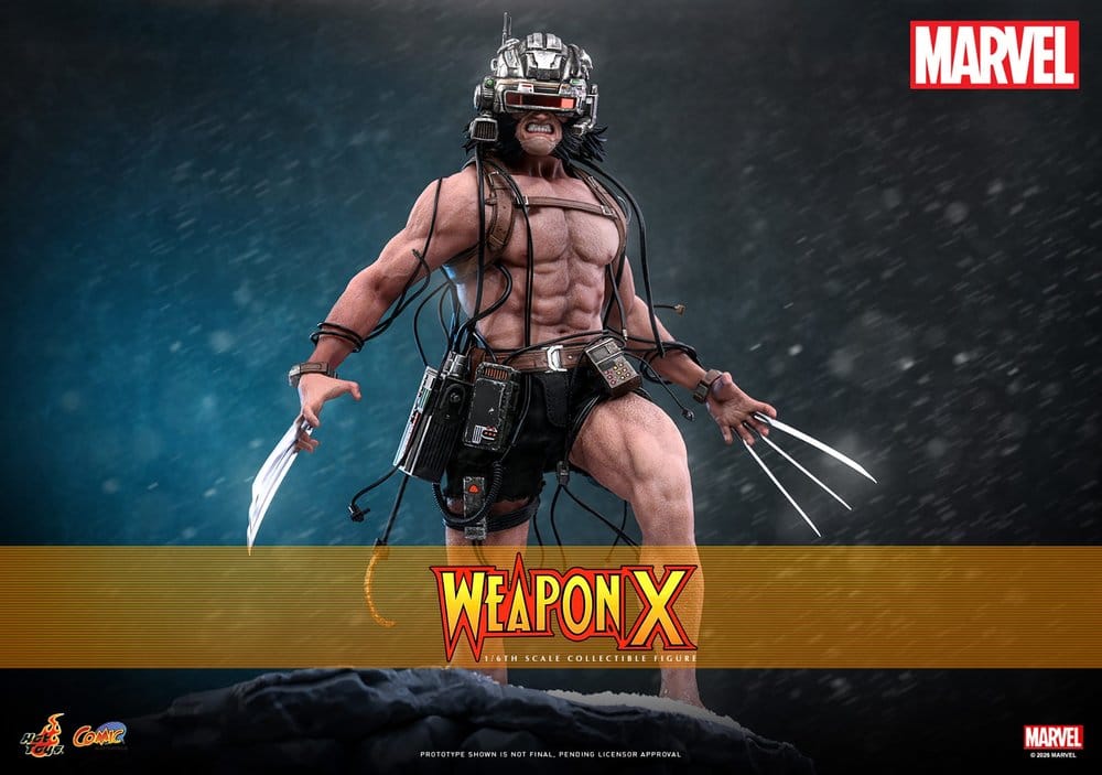 Detalle de la figura Weapon X Hot Toys con casco y equipo de monitoreo