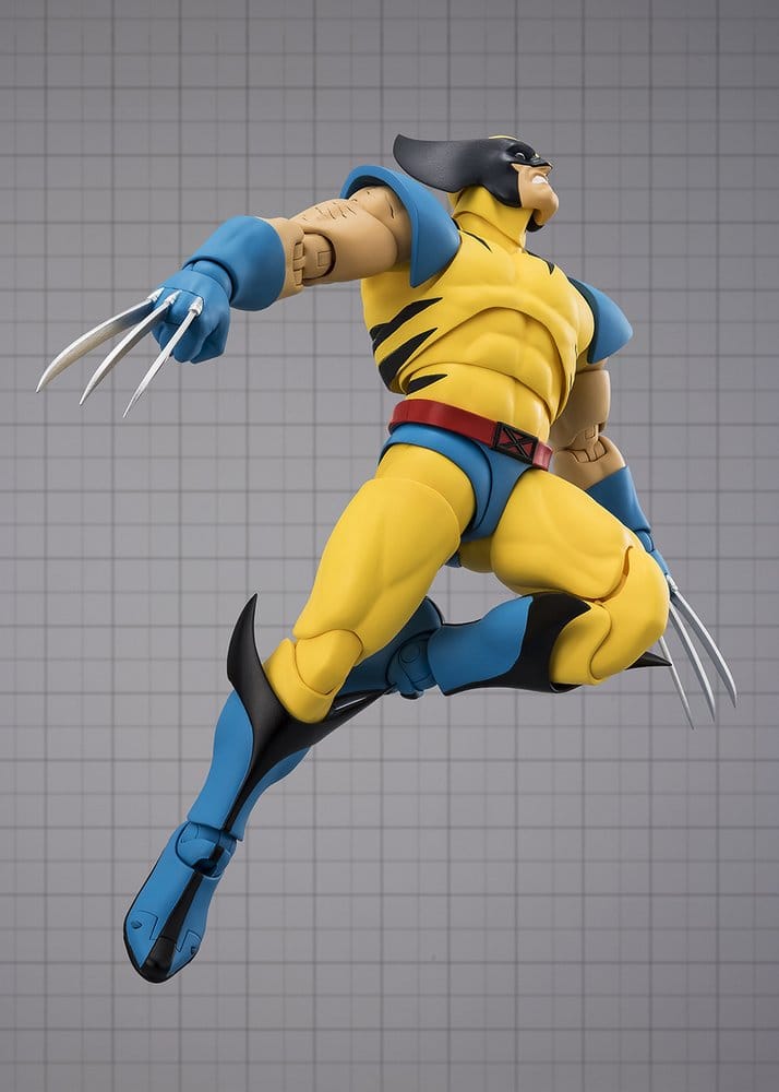 Detalle figura Wolverine Marvel con máscara clásica y traje amarillo azul