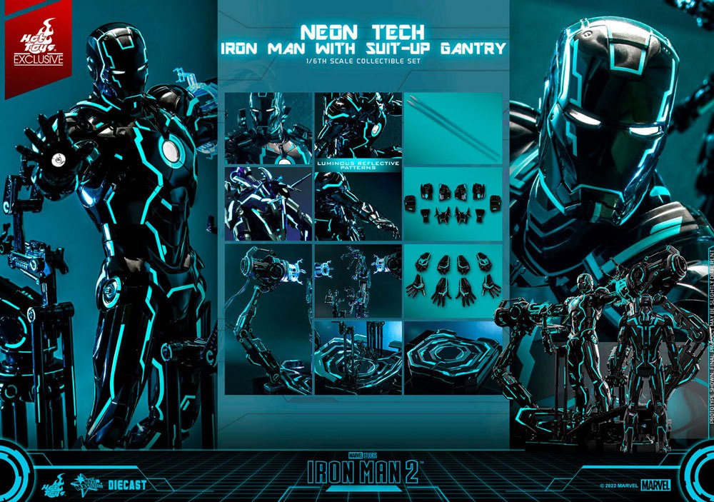 IRON MAN 2 FIGURA 1/6 NEON TECH WITH SUIT-UP GANTRY 49 CM - HOT TOYS – EDICIÓN EXCLUSIVA DIECAST