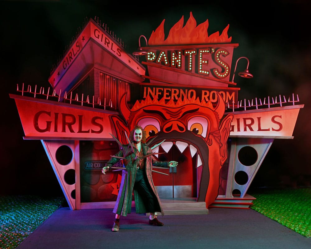 BEETLEJUICE (1988) TRENCHCOAT WITH SPIKES DIORAMA INFERNO ROOM DELUXE SET NECA FIGURA ARTICULADA