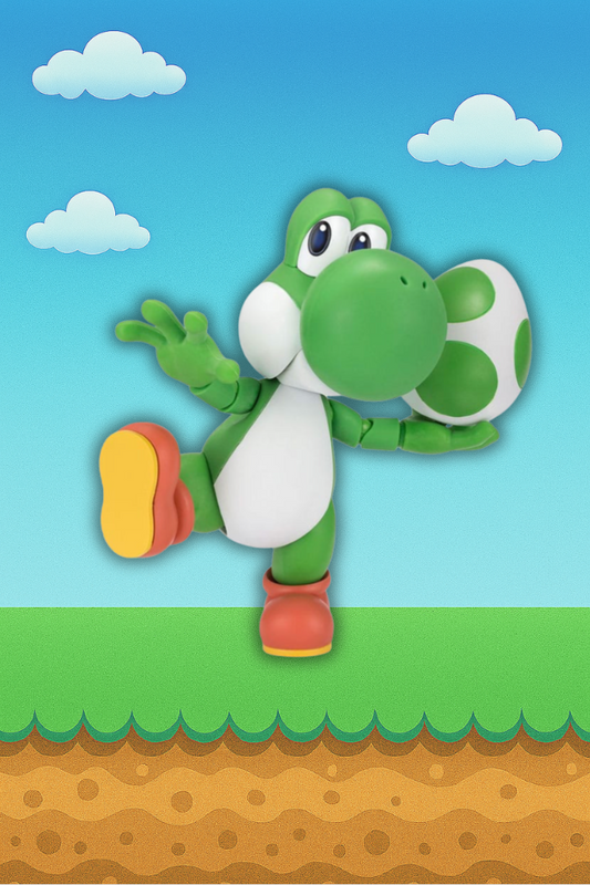 Figura articulada de Yoshi S.H. Figuarts de Bandai con fondo estilo videojuego.